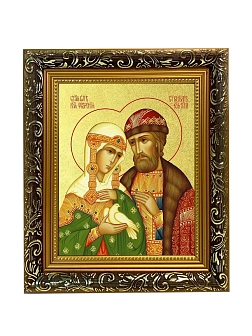 Икона "Петр и Феврония Муромские", свв. прпп. кн. и кнг., с золочением поталью, 09ПФ3-УЛ