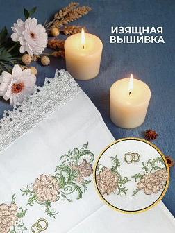 022 Рушник венчальный с розами и зелеными листьями