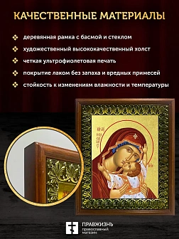 Икона Божией Матери Кардиотисса Сердечная с золочением, деревянная рамка с басмой и стеклом 18х21х2,